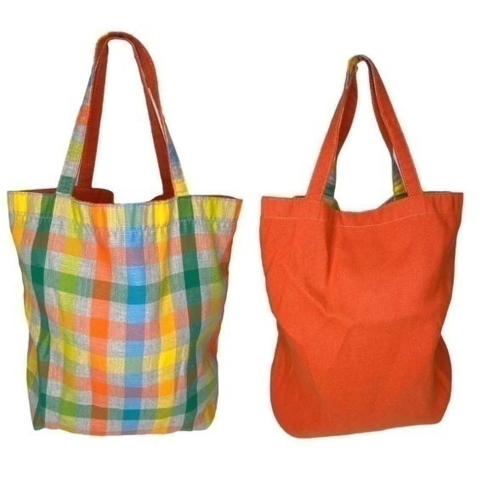 Sunbrella Fabric Tote Bag Reversible‎ Plaid to Solid